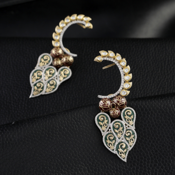 Peacock Plume Kundan Crescent Earrings