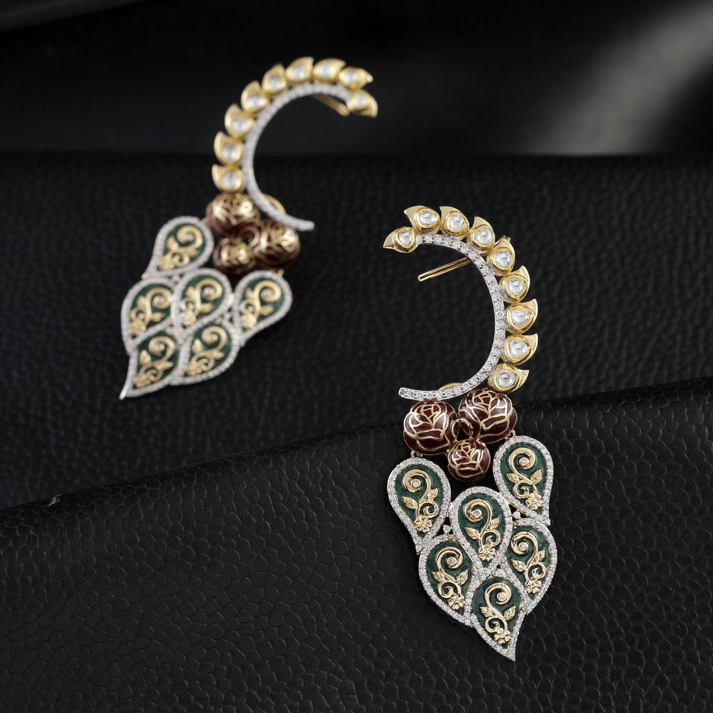 Peacock Plume Kundan Crescent Earrings main product image